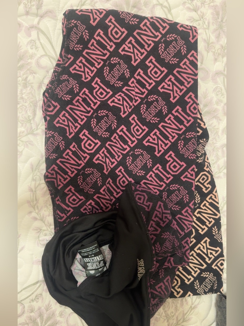 PINK Logo Repeat Leggings - Black with Pink Print- Medium